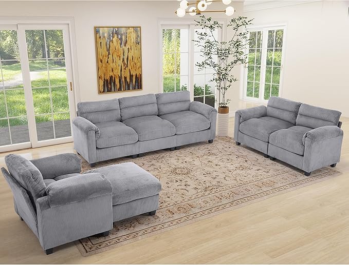 HAOMARKETS Corduroy 4-piece Sofa Set, Upholstered Ottoman, Loveseat 2-Seater