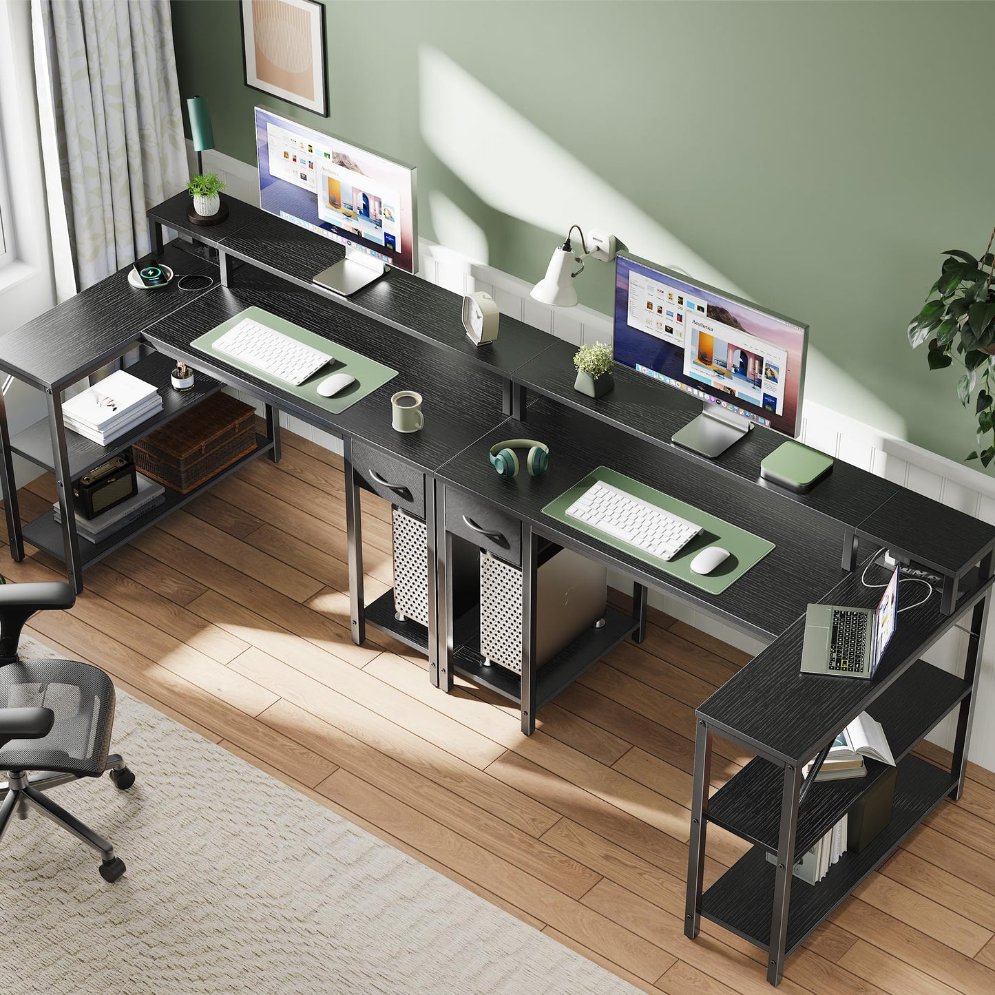 SUPERJARE 47 inch L Shaped Gaming Desk with LED Lights & Power Outlets, Reversible Computer Desk with Shelves & Monitor Stand, Corner Desk with Drawer, for Home & Office, Black