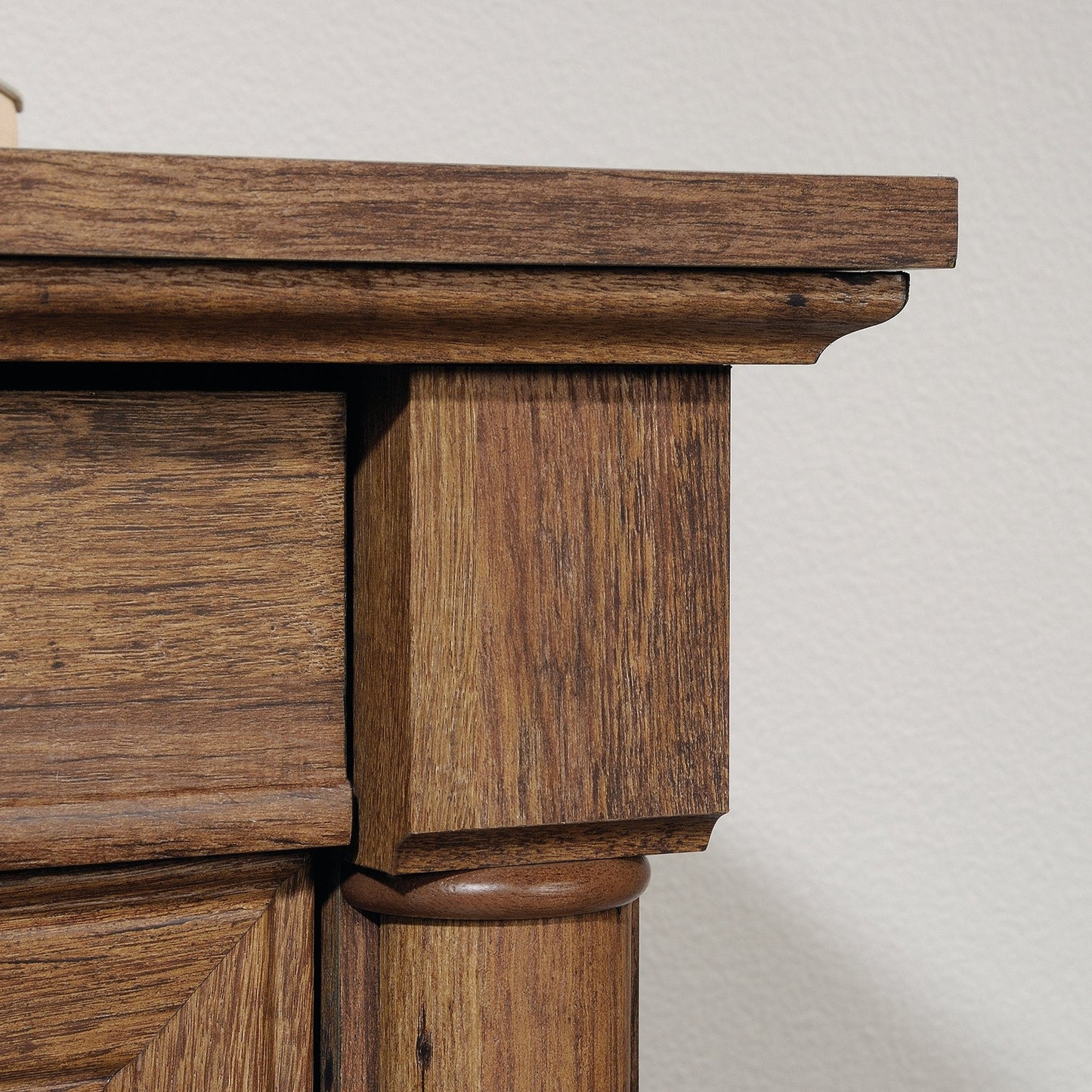 Sauder Palladia L Shaped Desk with Drawers, Office Desk with File Cabinet Storage, Cable Management, Keyboard Tray, in Vintage Oak Finish