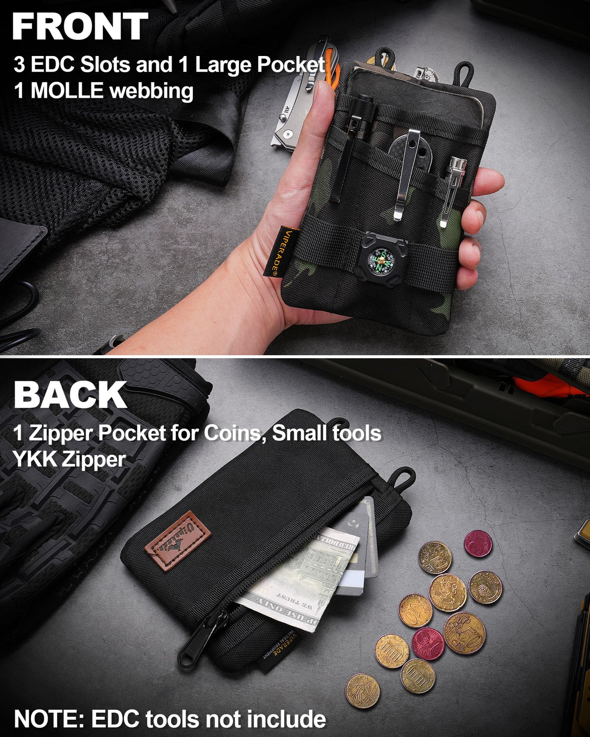 VIPERADE VE1 Pocket Organizer, EDC Pocket Pouch for Men, Pocket Organizer Storage EDC Gears, Keep Organized, Hold Your Flashlight/Pocket Knife, Tactical Pen, Notebook(Black)
