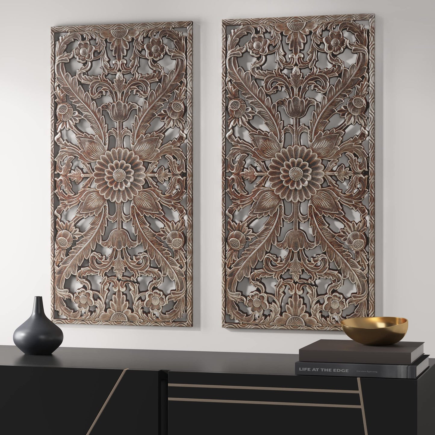Madison Park Wall Art Living Room Décor - Floral Antiqued Wooden Carving Wall Decor Panel, Silver Embellished, Ready to Hang Wall Decor for Bedroom, 15.75"W x 31.5"L x 0.59"D, Bronze, 2 Piece
