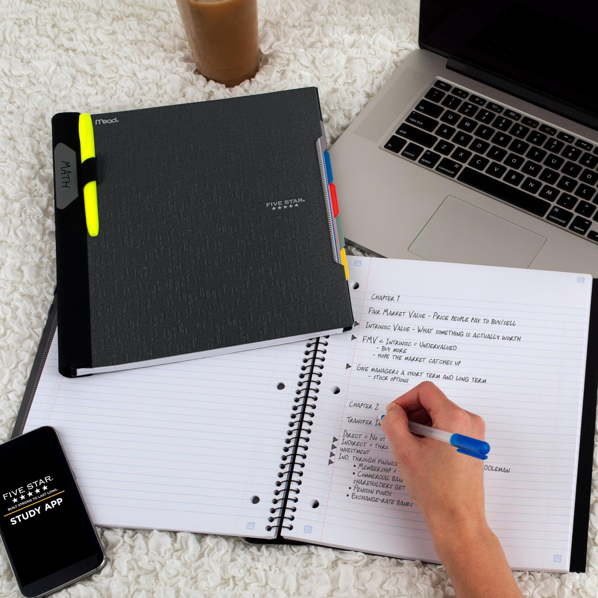 Five Star Advance Spiral Notebook + Study App, 5 Subject, College Ruled Paper, 8-1/2" x 11", 200 Sheets, Spiral Guard, Movable Tabbed Dividers, Black (73144)