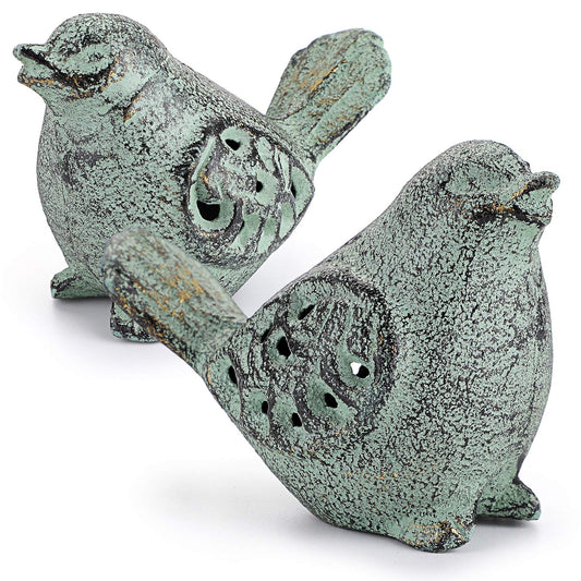 OwnMy 2PCS Cast Iron Green Bird Sculptures - Outdoor & Indoor Small Birds Statues, Hollow Carved Bird Figurines Ornaments Decorative Animal Figurines for Garden Patio Home Decors