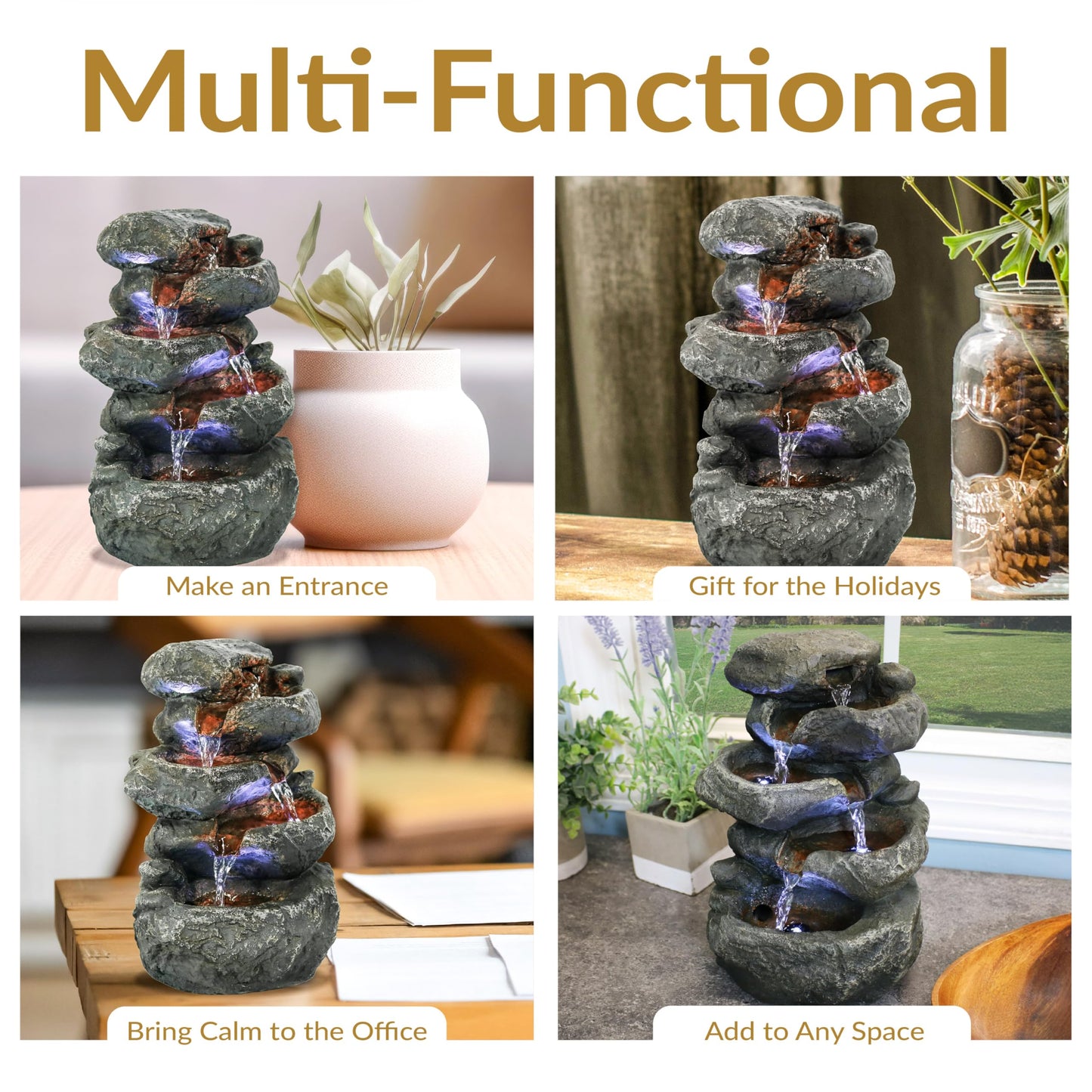 Sunnydaze Tabletop Water Fountain - Stacked Rocks 10.5 Inch Relaxing Desktop Water Fountain with LED Lights - Office, Bedroom, Living Room