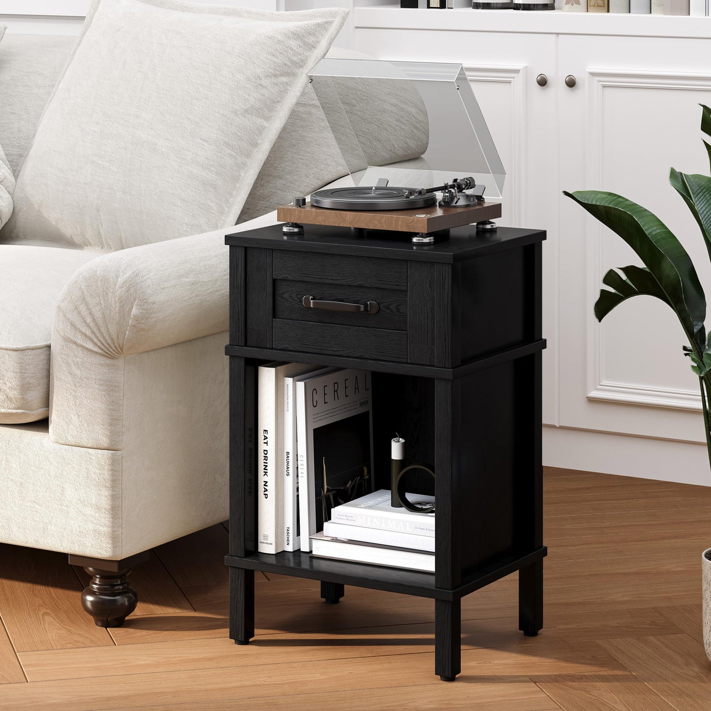 YAUKTAK Farmhouse Nightstand with Drawer, Small Wood Side Table, Wooden Bedroom Nightstand, Wood Night Stand, Black Bedside Table with Storage, Black End Table for Living Room LET512B