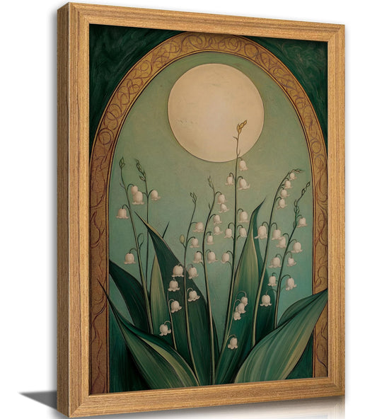 Framed Vintage Floral and Moon Wall Art Emerald Green Lily of the Valley Painting Canvas Prints Elegant Botanical Poster Picture Dark Moody Flowers Spiritual Artwork for Living Room Bedroom Office