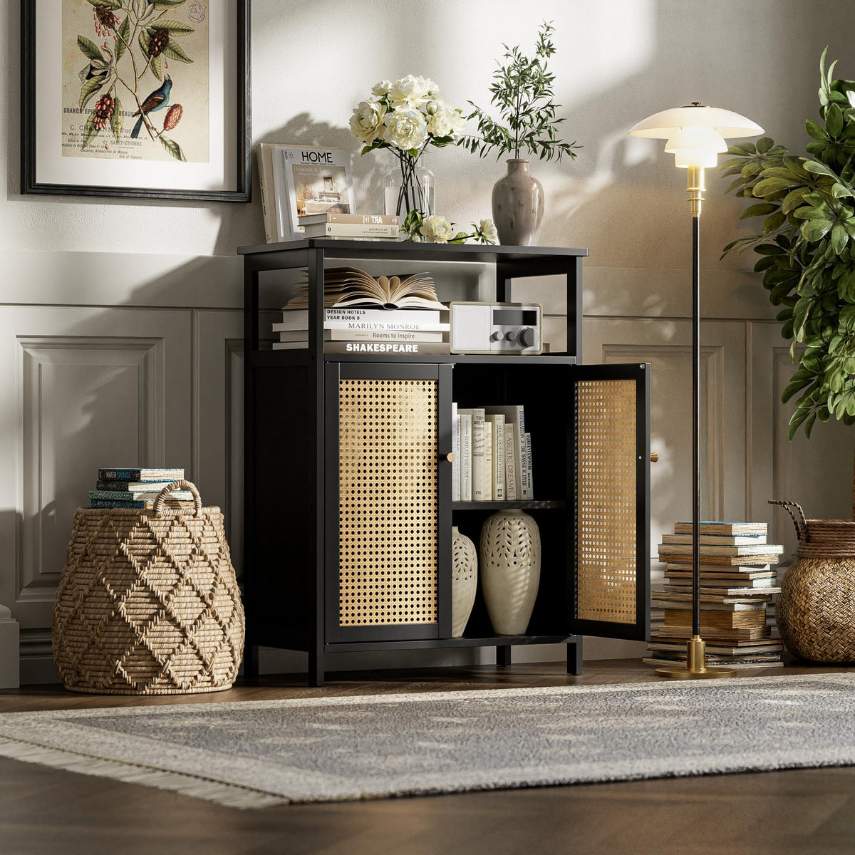 vovala Bamboo Floor Rattan Cabinet, Bathroom Storage Organizer Rack with 2 Doors and 1 Shelf, Space Saving Wood Kitchen Cupboard, Hallway Side Table, Living Room Freestanding Stand (Black)