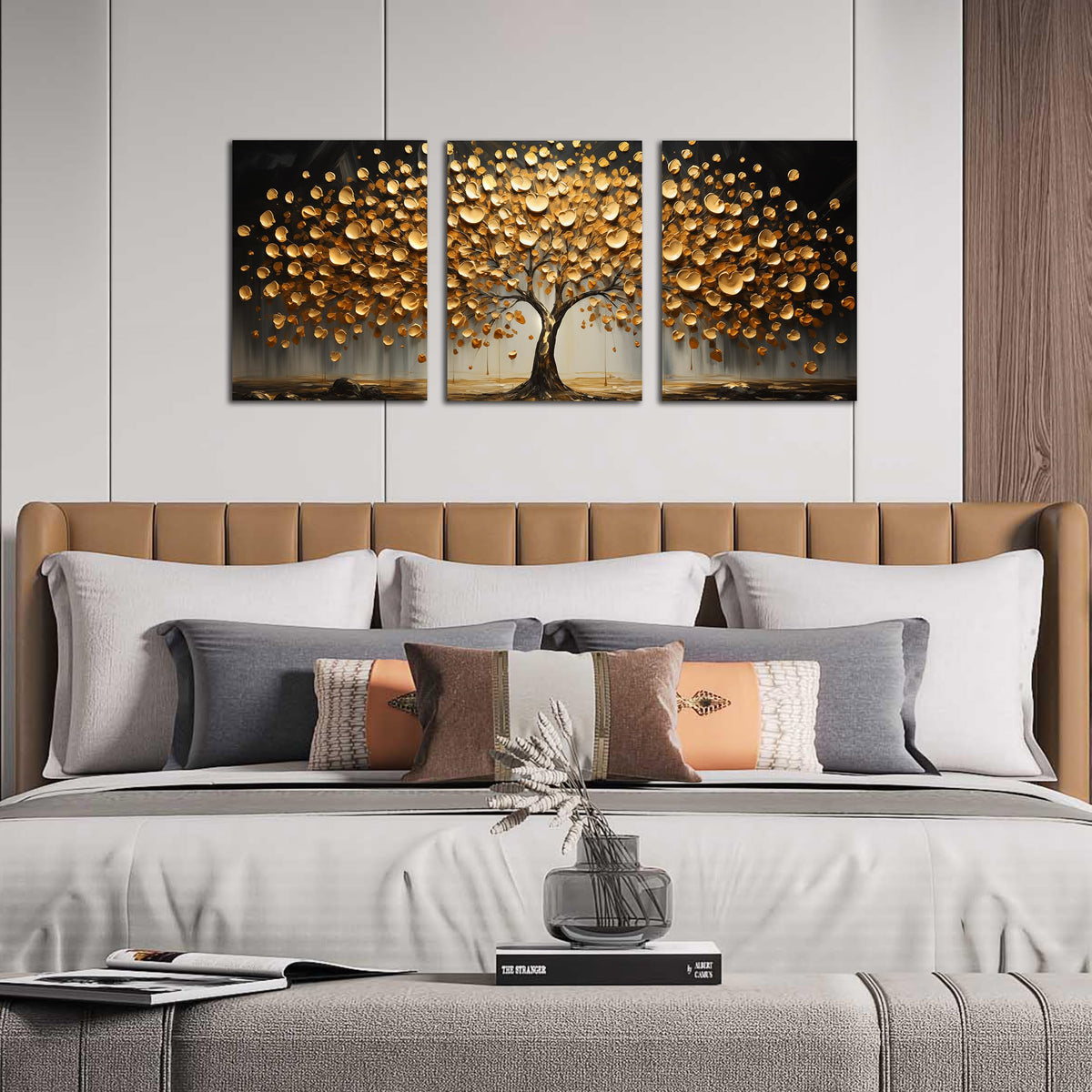 TYTAUPT 3 Piece Canvas Wall Art for Bedroom Gold Tree Wall Decor for Living Room Home Office Decor 12 x 16 Inch Each Panel