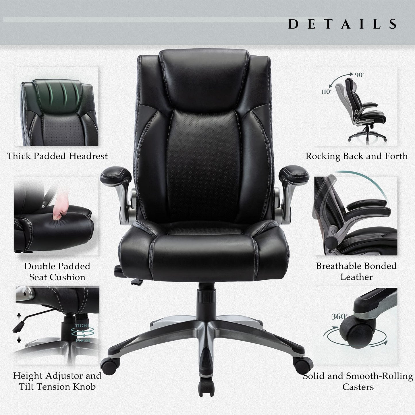 MALOL Executive Office Ergonomic Chair with Thick Bonded Leather, Flip-up Armrests, High Back Adjustable Height and Tilt for Working, Study, Gaming