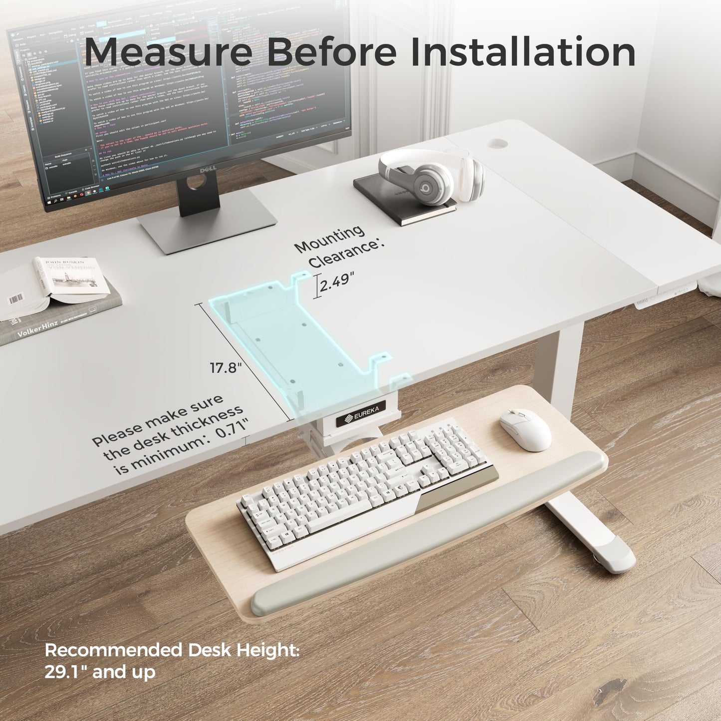 EUREKA ERGONOMIC Keyboard Tray Height Adjustable, Swivel Tilt Computer Keyboard Drawer Under Desk, 25x9.13'' Sliding Keyboard & Mouse Platform with Mouse Pad for Typing, Maple