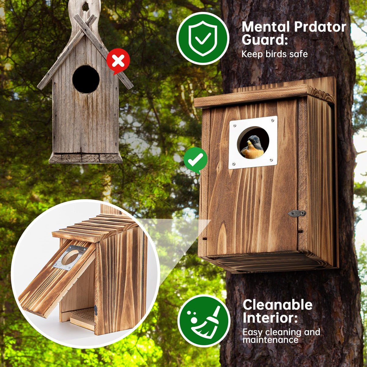 2 Pack Bird Houses for Outside with Metal Predator Guard for Bluebird Wren Swallow Finch, Carbonized Wooden Nesting Boxes for Outdoor, Sturdy Bird House,Easy to Clean