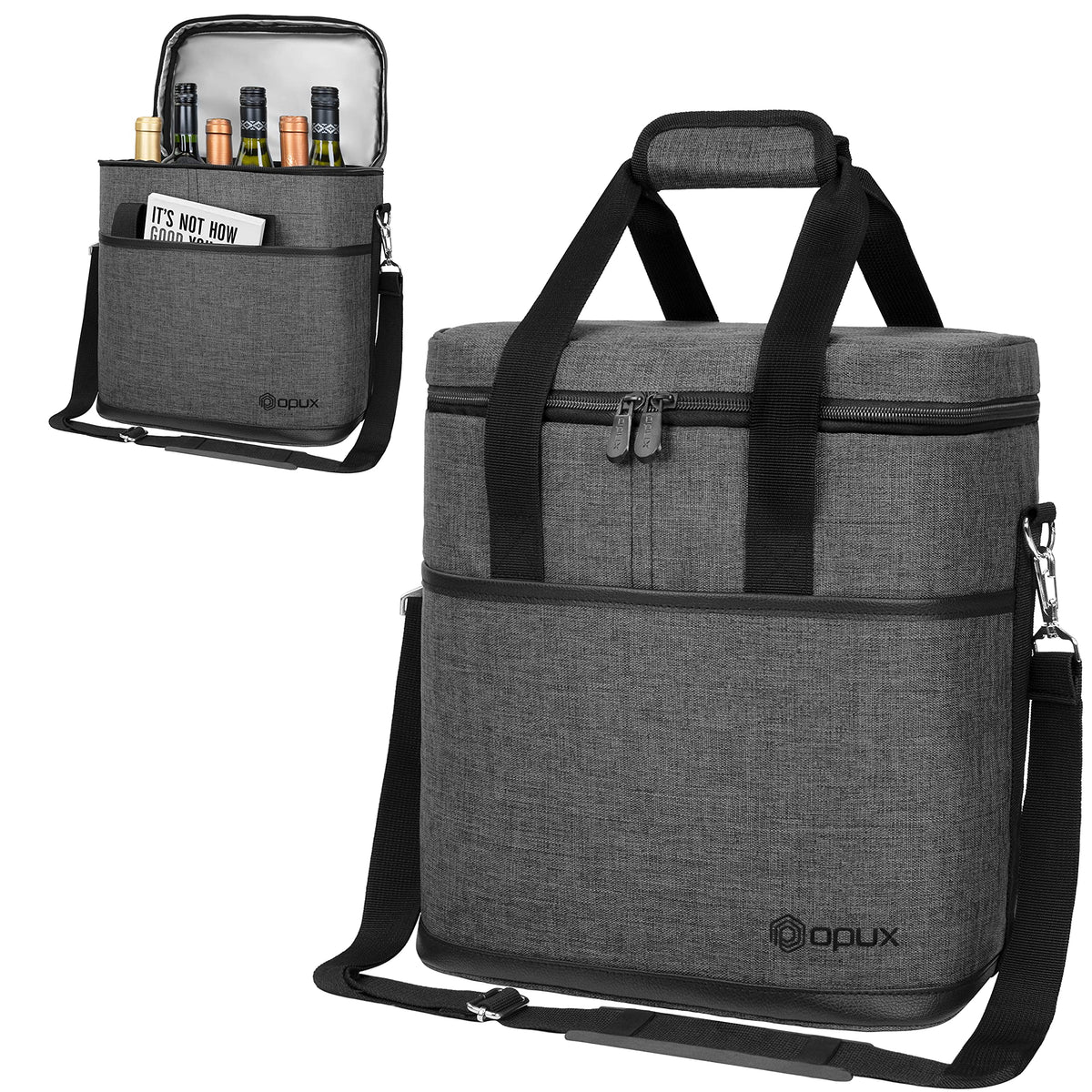 opux 6 Bottle Carrier Tote | Insulated Padded Wine Cooler Bag for Travel. Picnic, BYOB | Portable Leakproof Wine Tote Bag for Dinner, Party, Christmas, Wine Gift for Women, Men (Charcoal Gray)