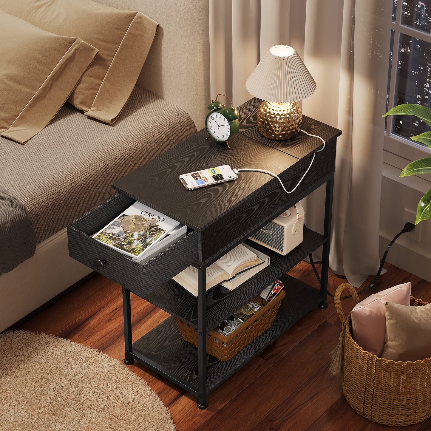 WLIVE Narrow Side Table with 2 USB Ports and 2 Outlets, Flip Top Black End Table with Drawer and Storage Shelves, Small Nightstand with Charging Station for Living Room/Bedroom