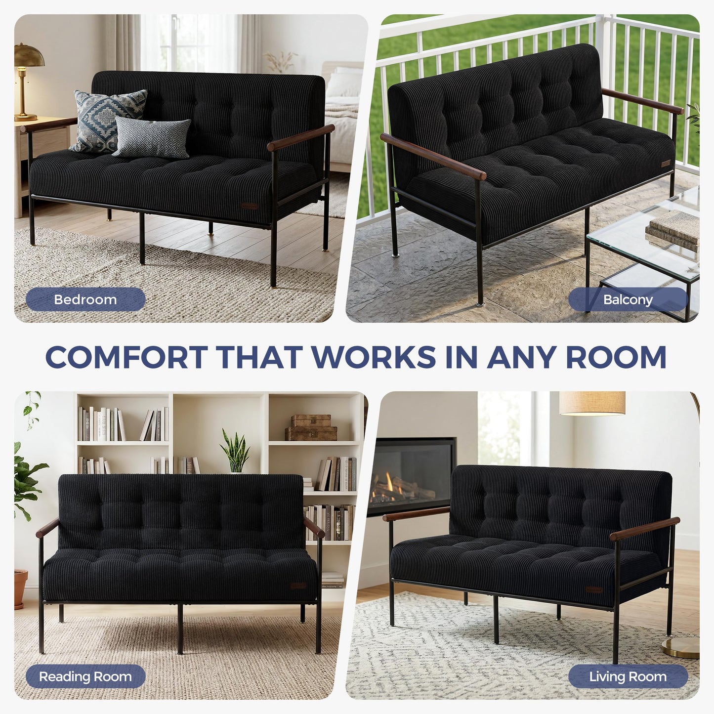 MAXYOYO Loveseat Sofa, Button Tufted Upholstered Small Couch for Living Room, Modern Love Seat Couches with Metal Frame & Wood Armrests for Bedroom Office, Easy to Install, Black