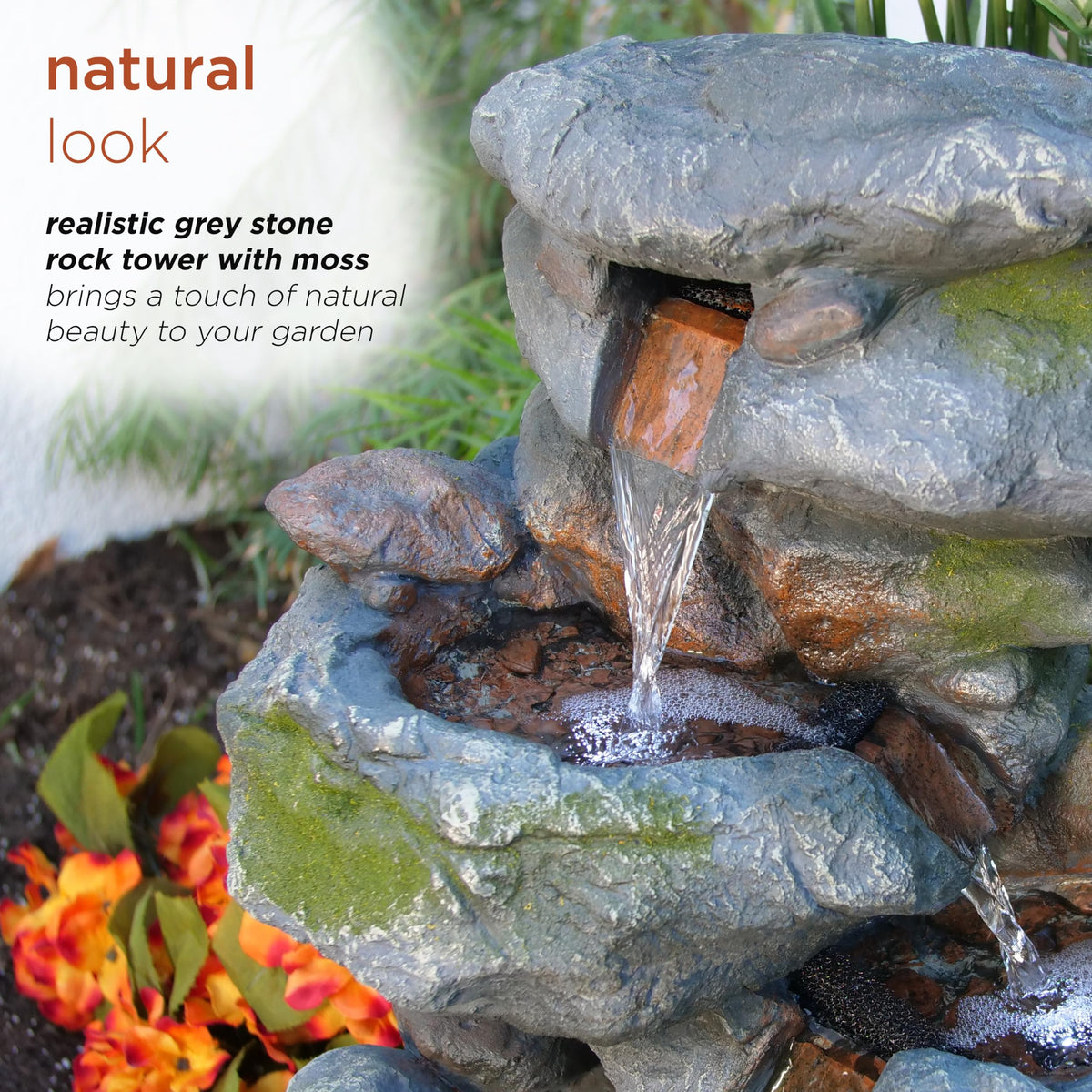 Alpine Corporation 22" Tall 3-Tier Outdoor Rock Waterfall Fountain with LED Lights, Natural Stone Look for Garden, Patio, Yard & Porch Decor, Gray