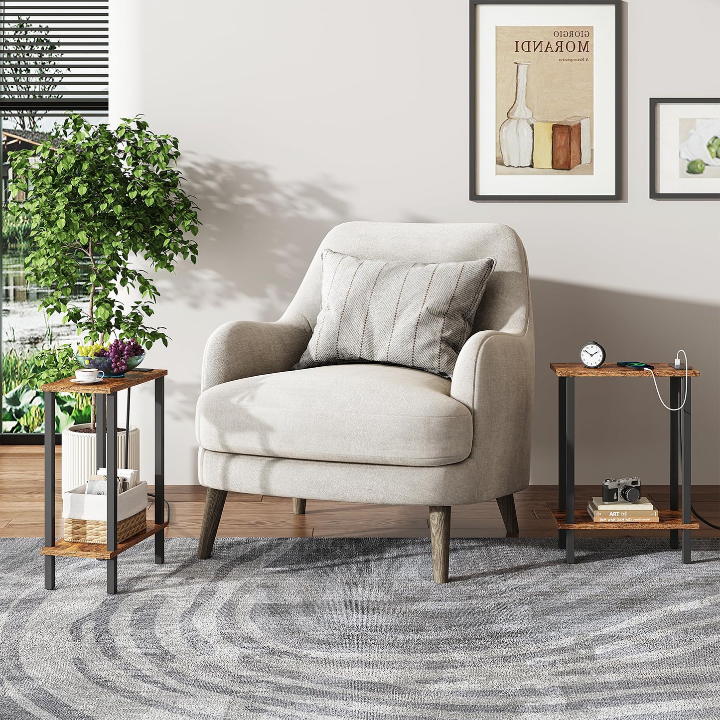 TUTOTAK Small End Table with Charging Station, Narrow Side Table with USB Ports and Outlets, Skinny Sofa Table, Slim Nightstand, Living Room, Bed Room, Brown TB01BB060