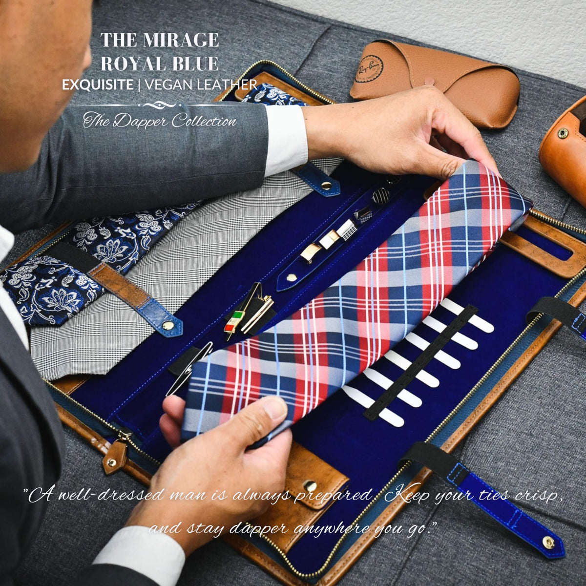 Mirage Royal Blue Tie Travel Case Necktie Holder Organizer with Jewelry Case Pocket for Small Dress Accessories