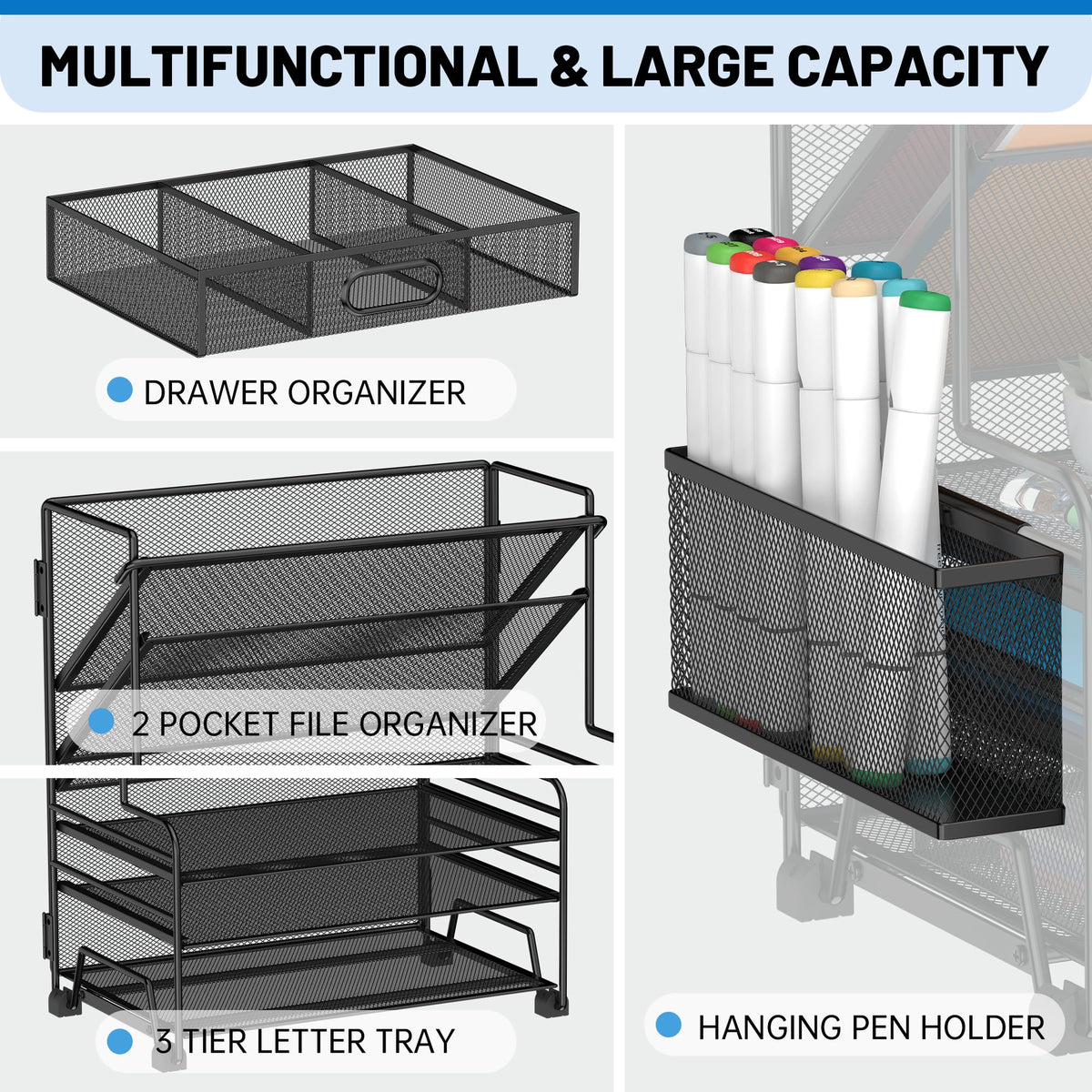 5 Tier Desk Organizer with Drawer & Pen Holders, Desk File Organizer Letter Tray Paper Organizer, Black