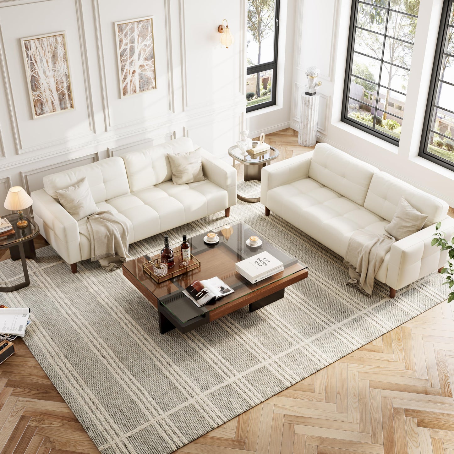 GarveeHome 3-Seater Sofa Couch, 83 in Wide Faux Leather Sofa Couch with Spring Cushion, Modern Sofa with Deep Seats and 2 Removable Back Cushions, for Living Room, Bedroom, Apartment, Office, Beige