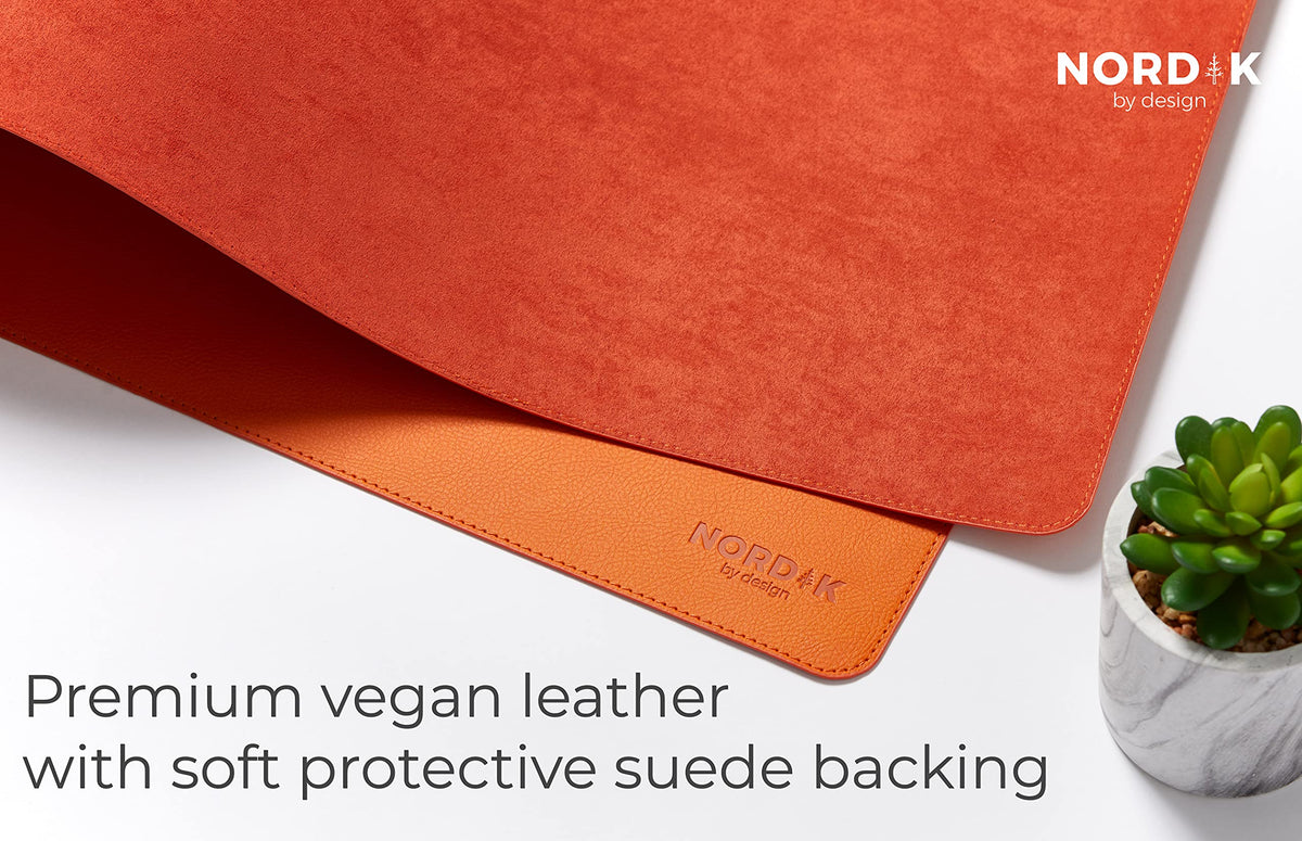 Nordik Leather Desk Mat Cable Organizer - Tangerine Orange 35 X 17 inch - Premium Extended Mouse Mat for Home Office Accessories - Non-Slip Vegan Leather Desk Pad Protector & Desk Blotter Pad