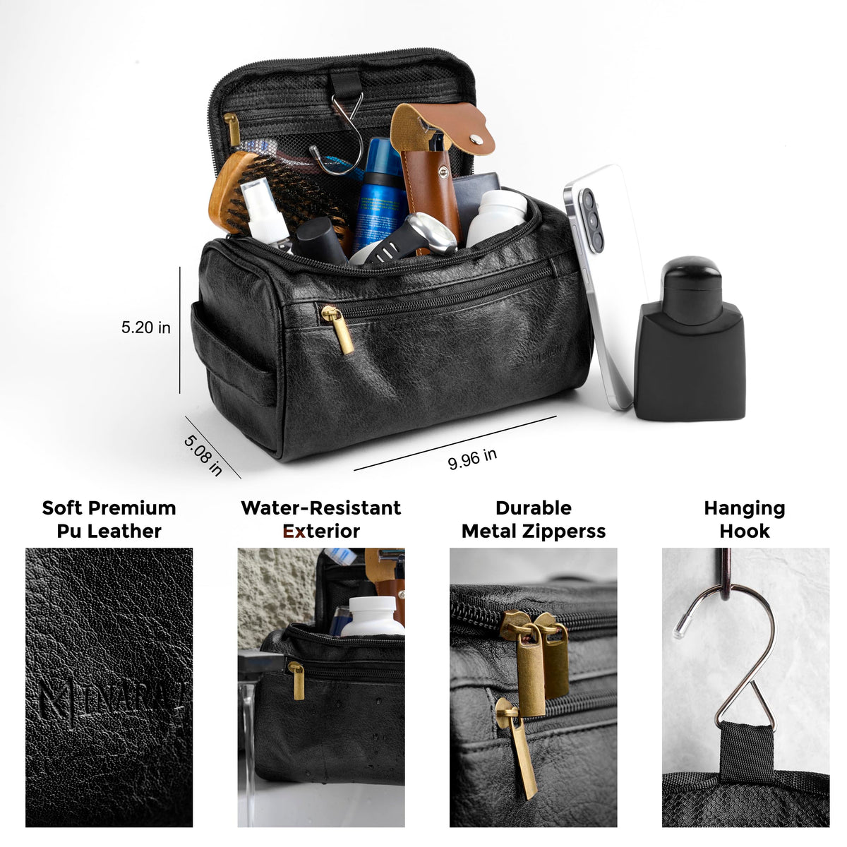 MINARAI Mens Toiletry Travel Bag with Razor Case & Dust Bag – Premium PU Leather Organizer with Hanging Design and Structured Storage – Mens Toiletry Bag for Travel, Gym, and Everyday Gift–BLACK