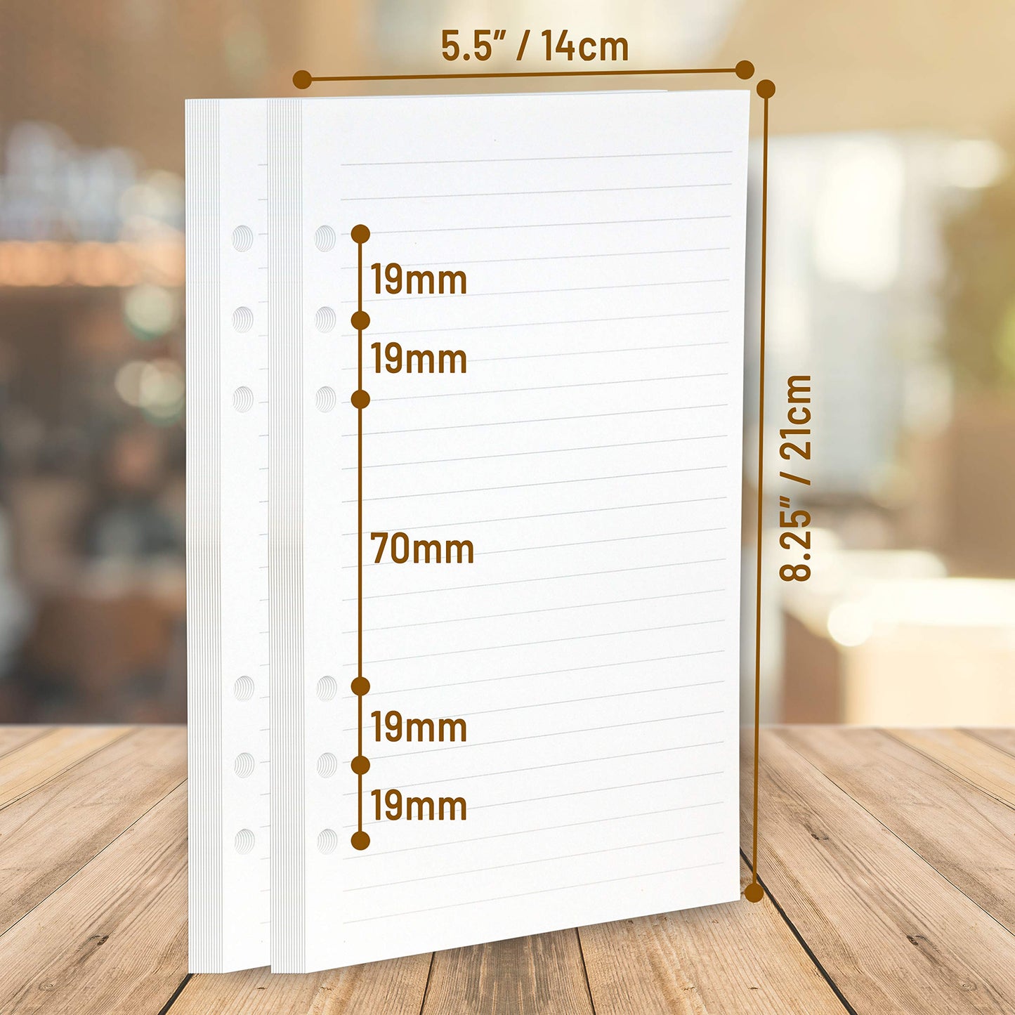 Wanderings A5 6-Ring Binder Planner Inserts - 8 1/4 x 5 5/8" - Thick Cream Color Lined 120 gsm Loose Leaf A5 Paper Refills Compatible with Filofax 6 Hole 100 Sheets 200 Lined Pages