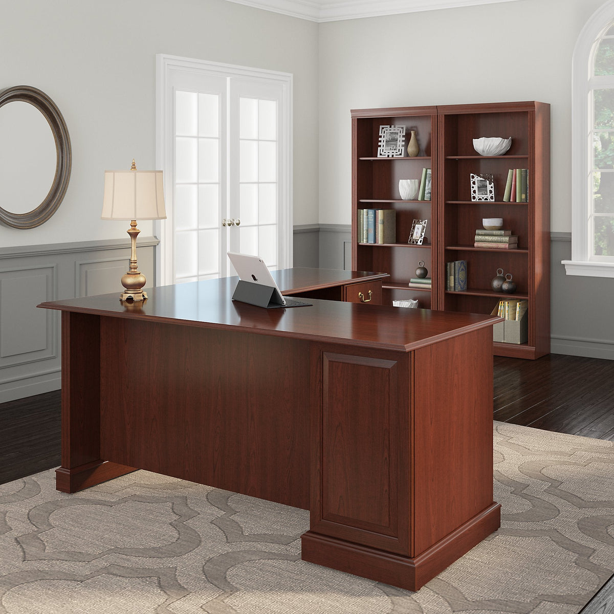 Bush Furniture Saratoga L Shaped Computer Desk and Bookcase Set in Harvest Cherry