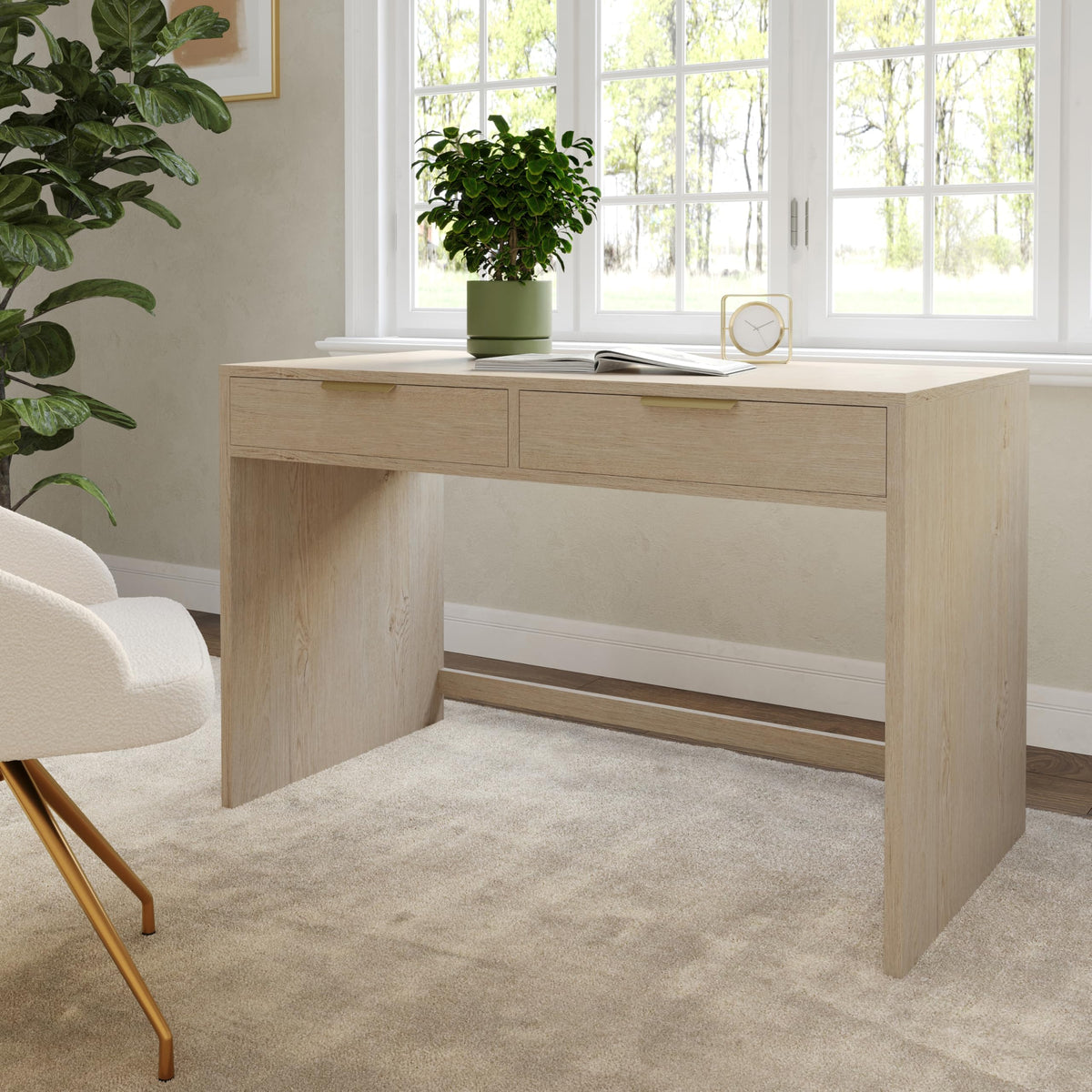 Martha Stewart Kayden Home Office Modular Desk with 2 Drawers in Light Natural with Brushed Gold Hardware