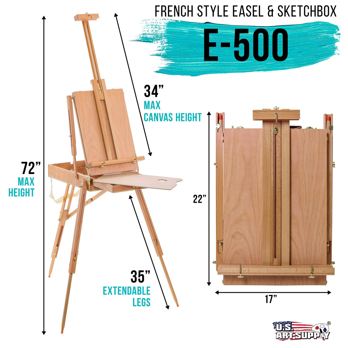 U.S. Art Supply Large Beechwood French Easel, Adjustable Plein Air Easels Sketchbox Tripod for Field & Studio Painting Easel for Adults, Drawing, Display - Portable with Artist Drawer & Palette
