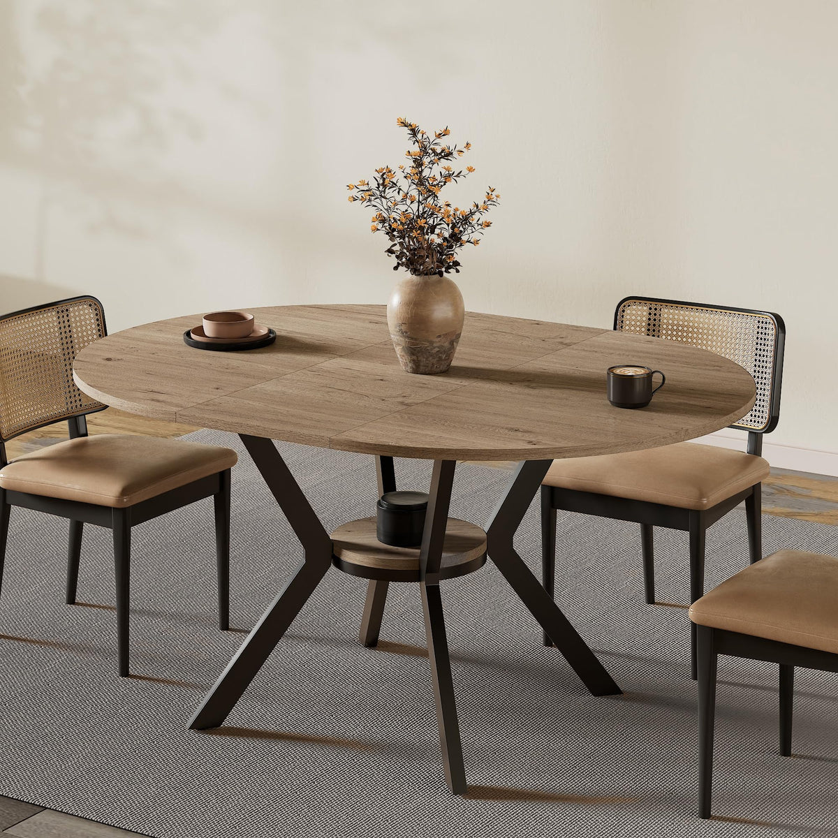 42"-58" Extendable Round Dining Table with Built-in Flip Leaf, Modern Oval Kitchen Table for 4-6, Space-Saving Small Room Furniture with Storage Shelf and X-Shaped Metal Base