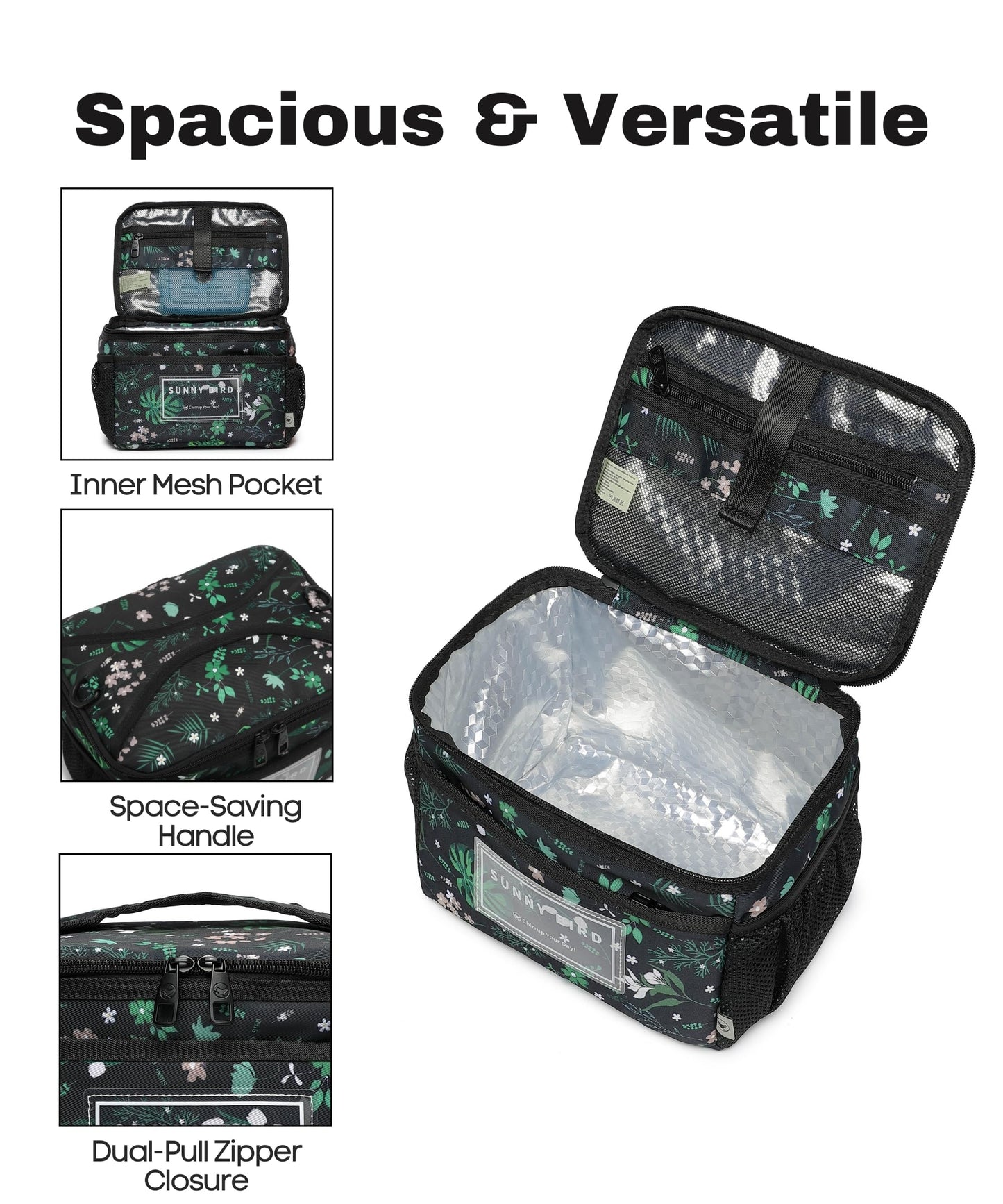 SUNNY BIRD Insulated Lunch Bag with Foldable and Leakproof Design, Thermally Insulated, Shoulder Strap for Women, Men and Teen (Floral & Foliage)