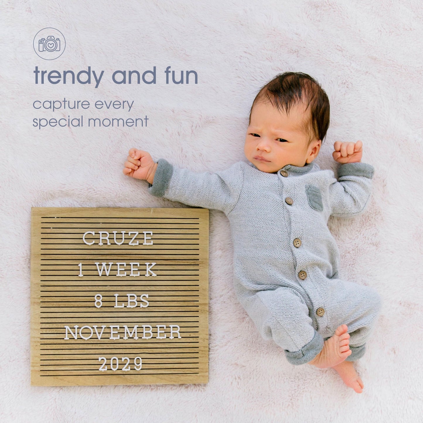 Pearhead Wooden Letter Board, 10 x 10 Inch Wood Message Board with Letters and Numbers for Baby Milestone Photos, Announcement Photo, Office and Home Décor
