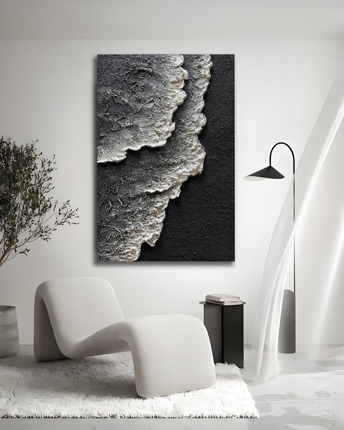 moshinart 24 x 36in Hand-Painted Oil Painting 3D Texture Black White Grey Modern Minimalist Black Abstract Wall Art, Home Office Wall Decoration Sea Wave 7