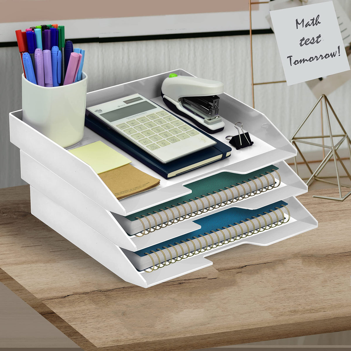 Acrimet 3 Tier Paper Organizer Letter Tray – Plastic Stackable Desk File Organizer, Side Load Paper Sorter for Letter/A4 Office File Folder Holder – White