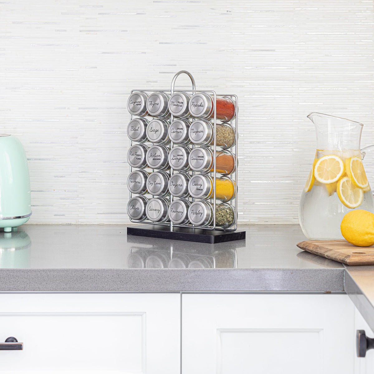 Orii 20 Jar Spice Rack Stainless Steel with Spices Included - Standing Rack Shelf Holder & Countertop Spice Rack Tower Organizer for Kitchen Spices