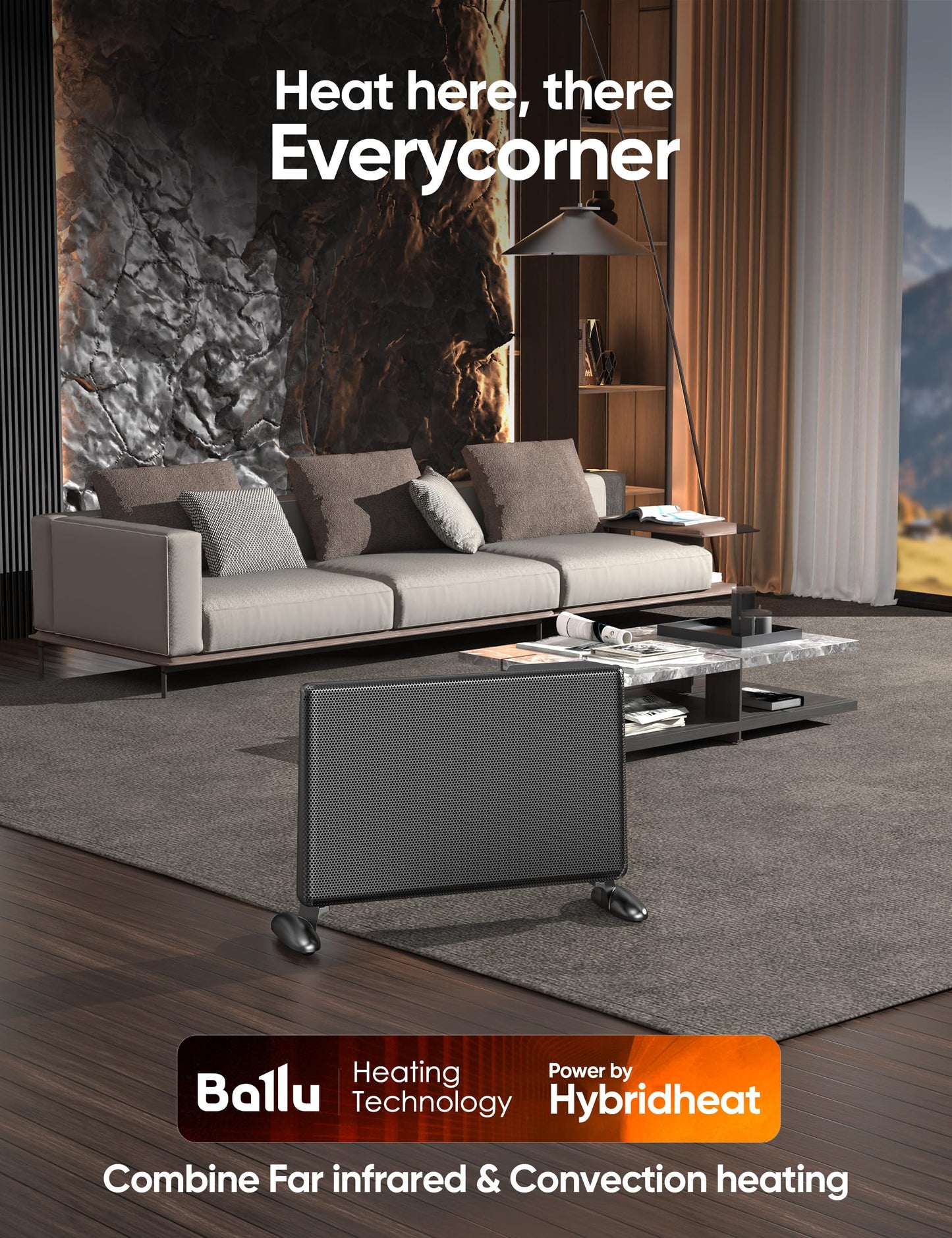 Ballu Mica Infrared Panel Space Heater for Large Room,Smart Quiet Heater with Programmable Thermostat,WiFi App Control,Inverter Energy Efficient for Indoor Use,Compatible with Alexa,Black