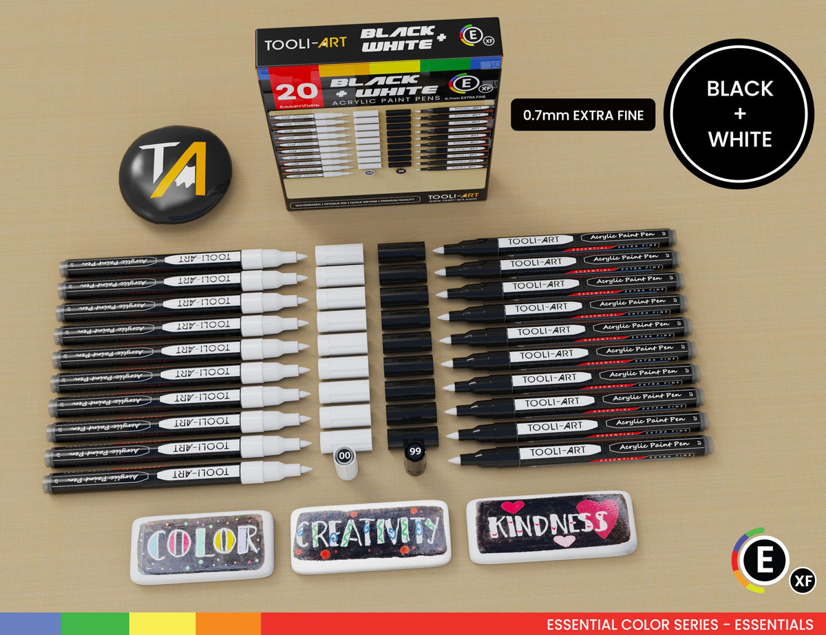 TOOLI-ART Black And White Acrylic Paint Markers Paint Pens Set For Rock Painting, Canvas, Mugs, Metal, Glass Paint, Fabric, Wood, DIY. Non Toxic, Quick Dry,Waterbas (EXTRA FINE)