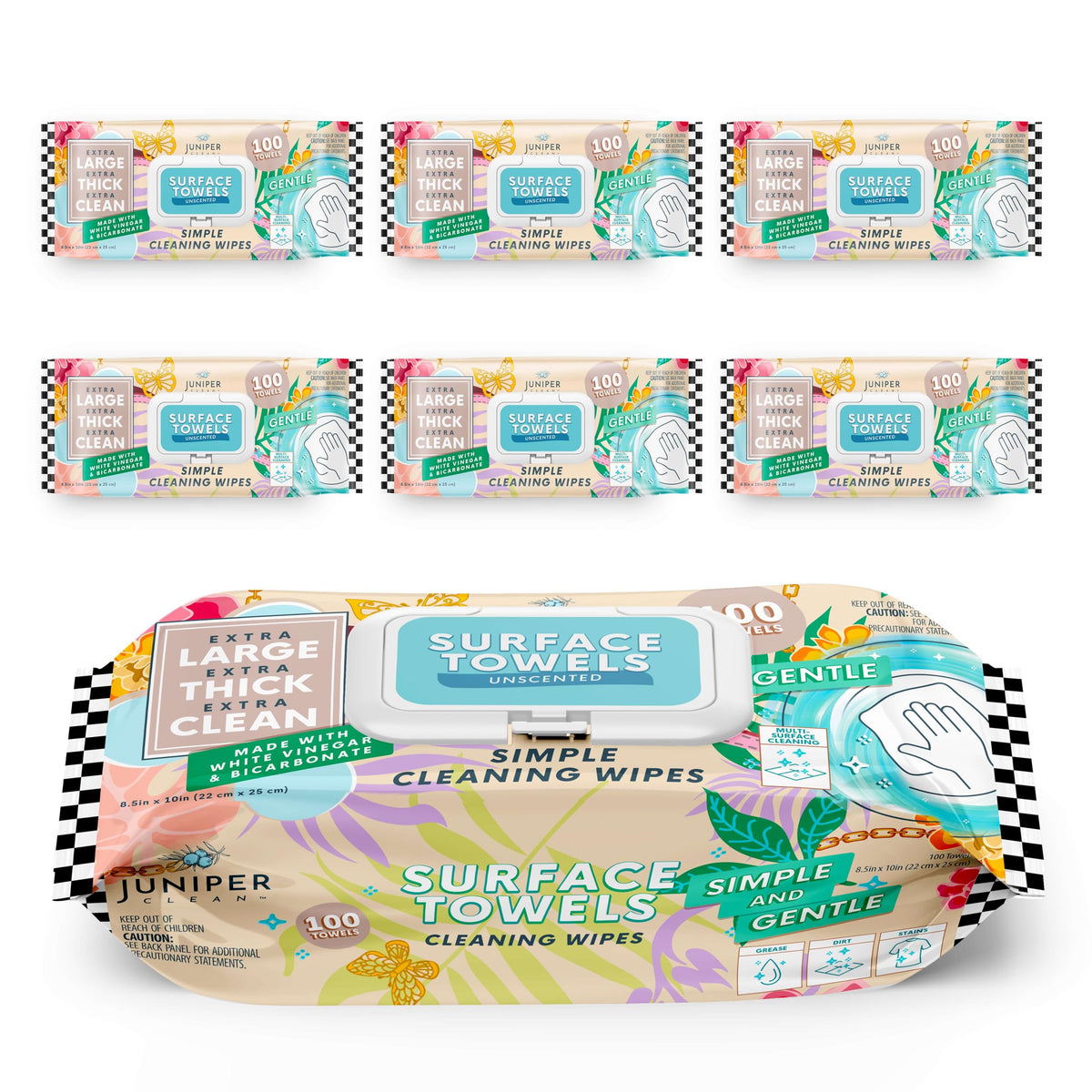 Juniper CLEAN 6 Packs Surface Cleaning Wipes Bleach Free, Thick & Large Dispose, All-Purpose Cleaner for Bathroom, Kitchen, Office, 600 Count Soft Flow, Biodegradable, No Scent