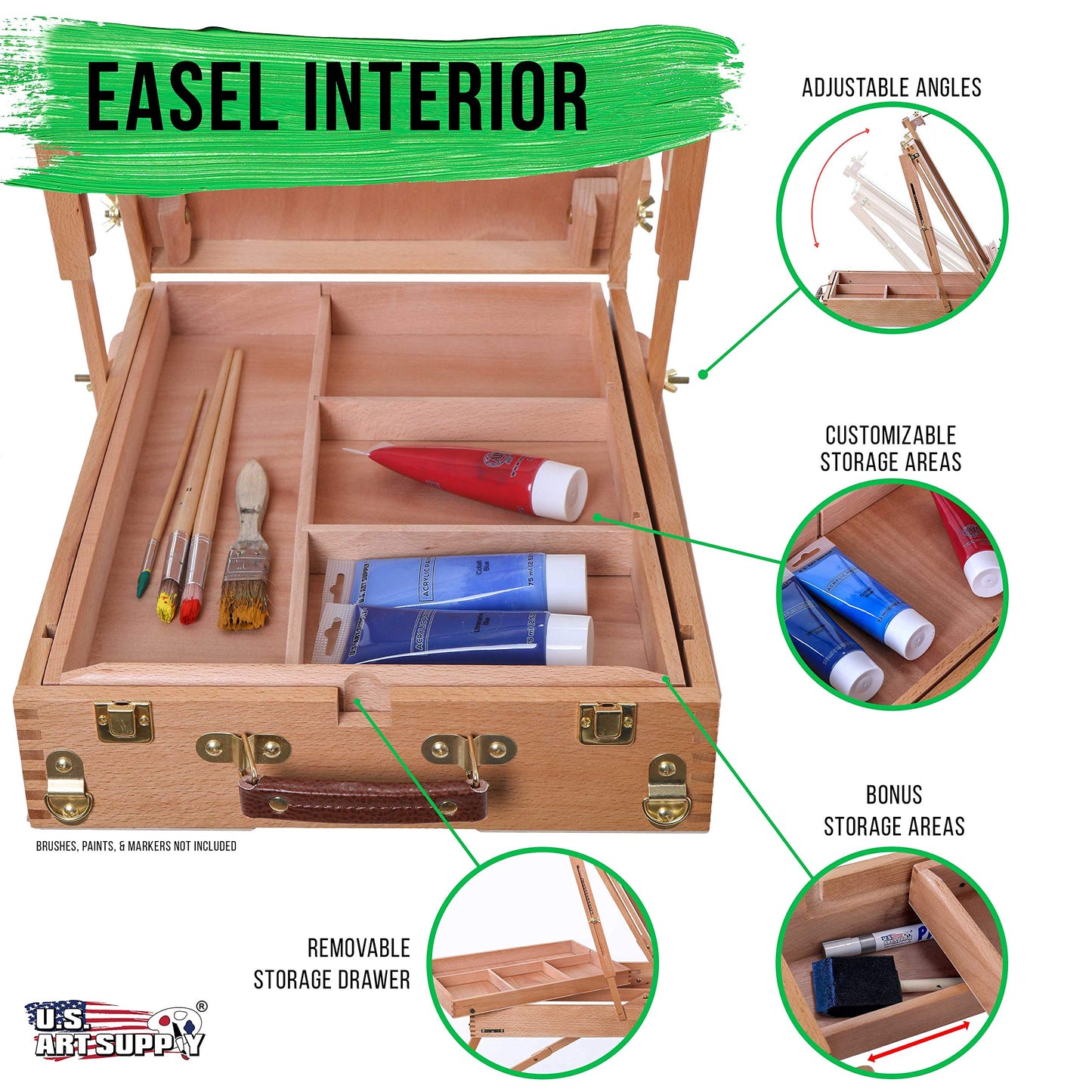 U.S. Art Supply Large Beechwood French Easel, Adjustable Plein Air Easels Sketchbox Tripod for Field & Studio Painting Easel for Adults, Drawing, Display - Portable with Artist Drawer & Palette