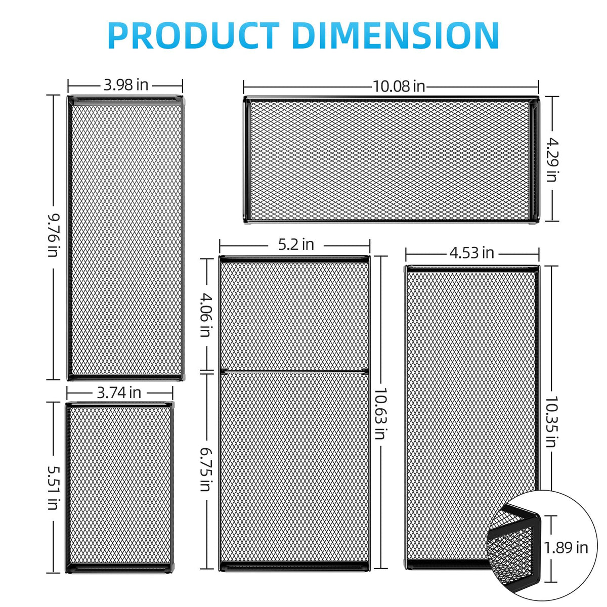 Marbrasse 5 Pack Desk Drawer Organizer Set, Mesh Drawer Storage Trays with 1 Adjustable Divider, Desk Organizers and Accessories, 5 PCS Drawer for Office Supplies, Makeup & Vanity (Black)