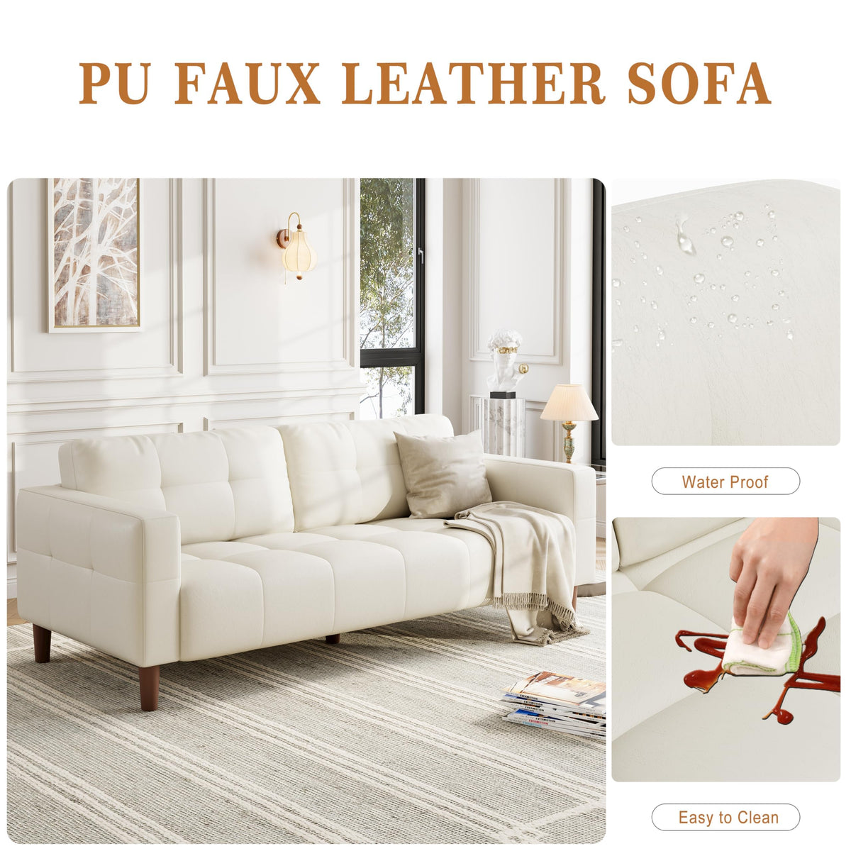 GarveeHome 3-Seater Sofa Couch, 83 in Wide Faux Leather Sofa Couch with Spring Cushion, Modern Sofa with Deep Seats and 2 Removable Back Cushions, for Living Room, Bedroom, Apartment, Office, Beige