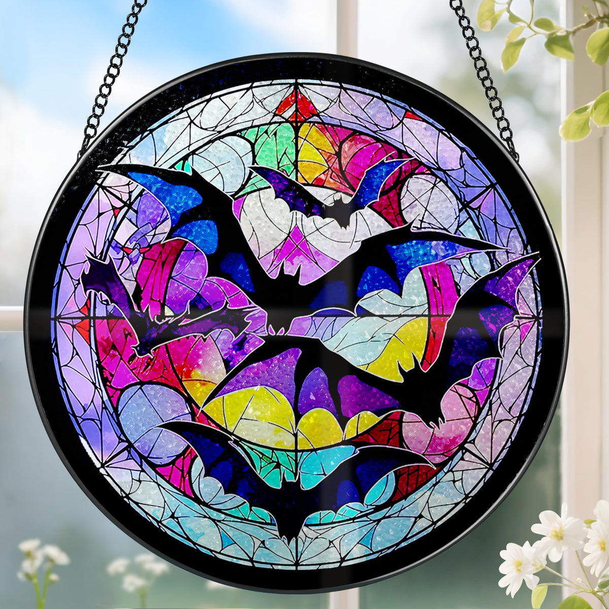 8 Inch Stained Glass Suncatcher Ornament, DOUHASU Bat Sun Catchers Indoor Window, Stained Glass Window Hanging, Home Decor, Bat Lovers Gifts for Him, Men
