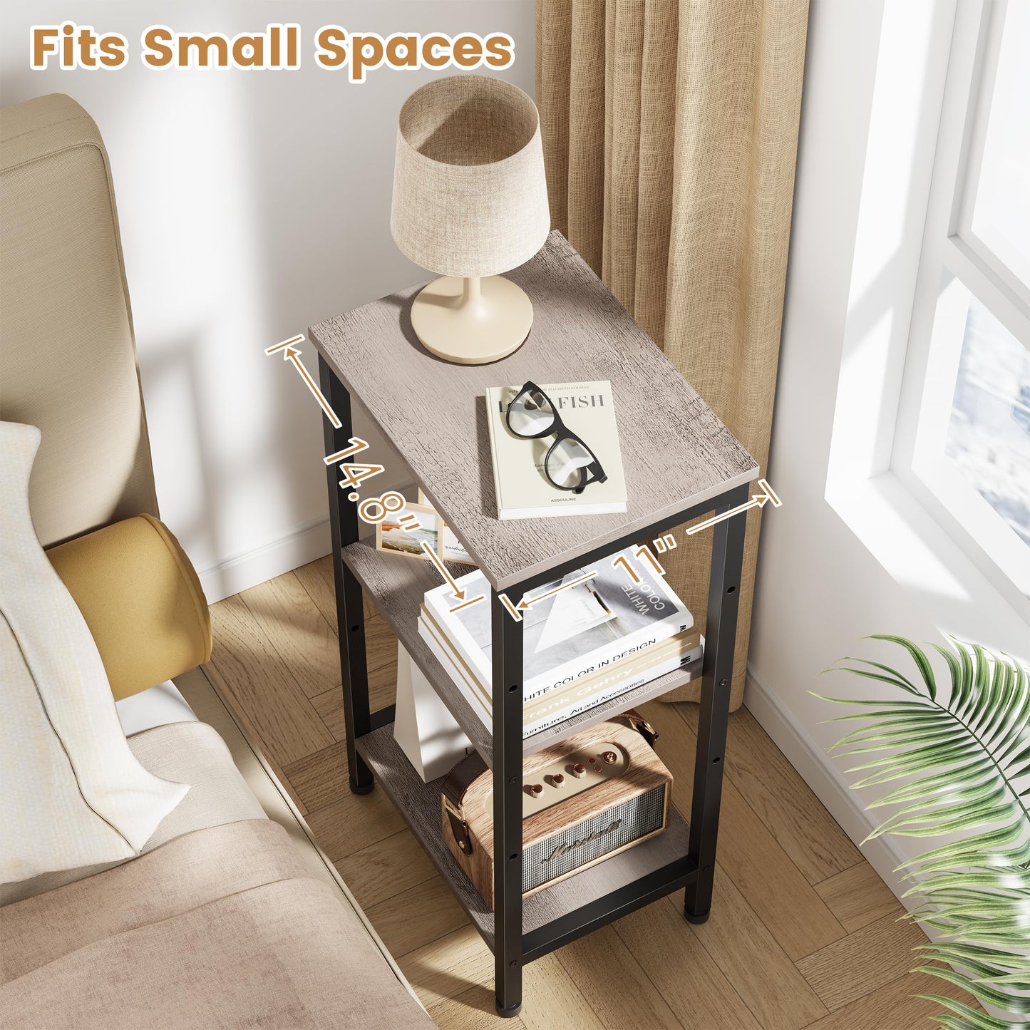 Asgolion Small Grey Side Table, Tall End Table with Adjustable Shelf for Living Room, Grey Nightstand, Accent Table Stand for Home Decor, Office, Greige