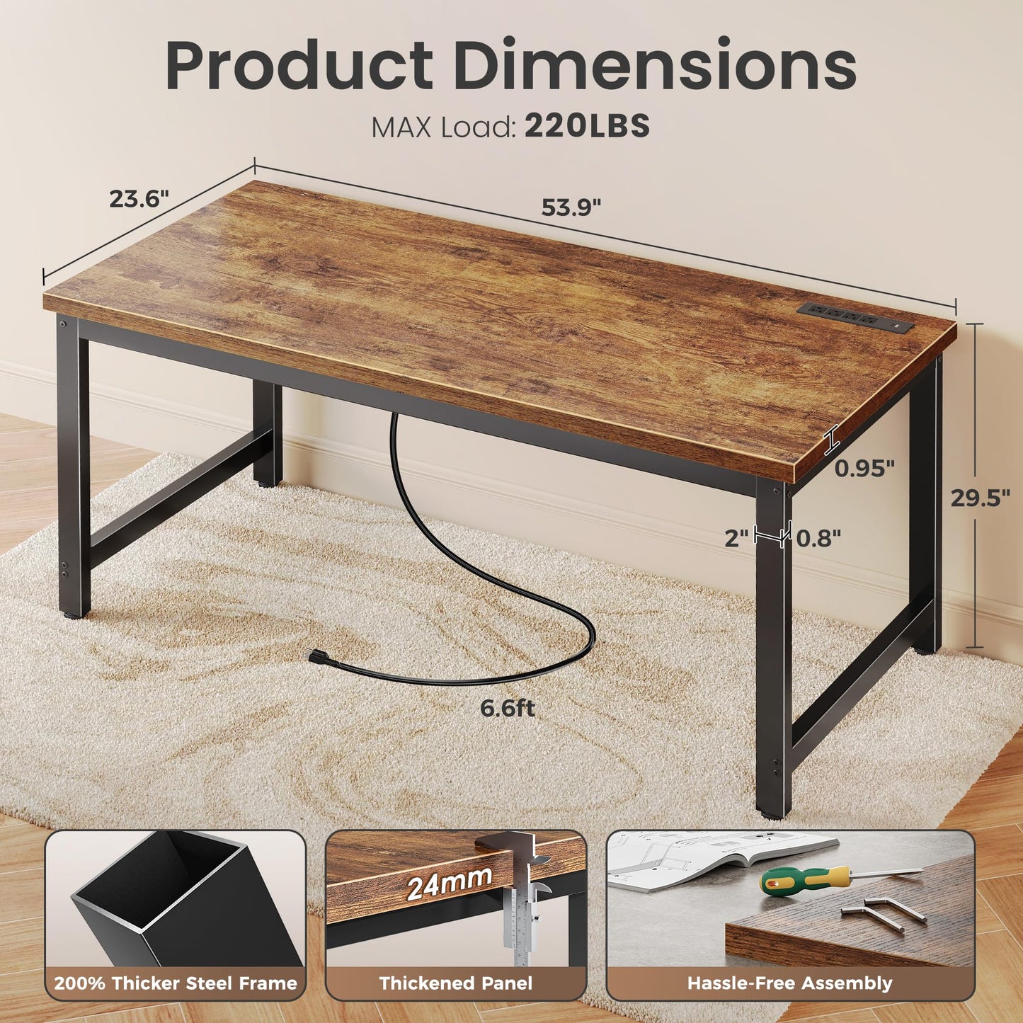 Huuger 55 x 24 inch Desk with Power Outlets & USB-C, Deeper & Thicker Desktop, Robust Metal Tubes, Computer Desk, Heavy Duty Office Desk, Work Gaming Desk for Home Office, Rustic Brown