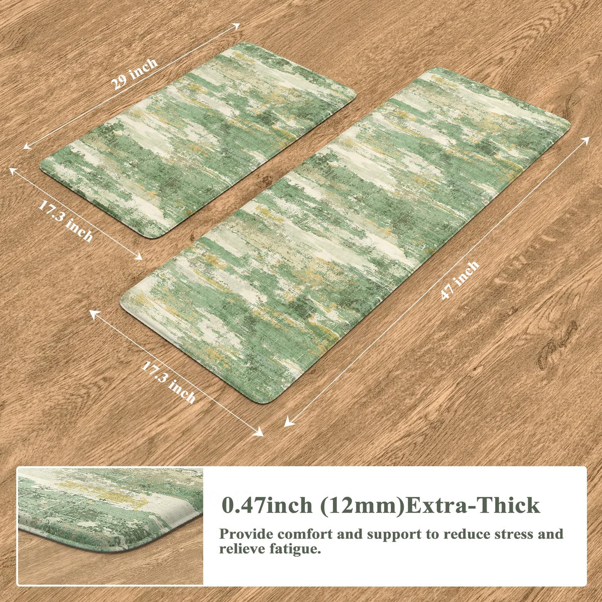 Collive Kitchen Mats Cushioned Anti Fatigue, Modern Abstract Non Slip Kitchen Floor Mat Waterproof Green Sink Rug 2 Piece, Comfort Desk Standing Rugs for Bedroom, Office, Laundry, 17"x29"+17"x47"