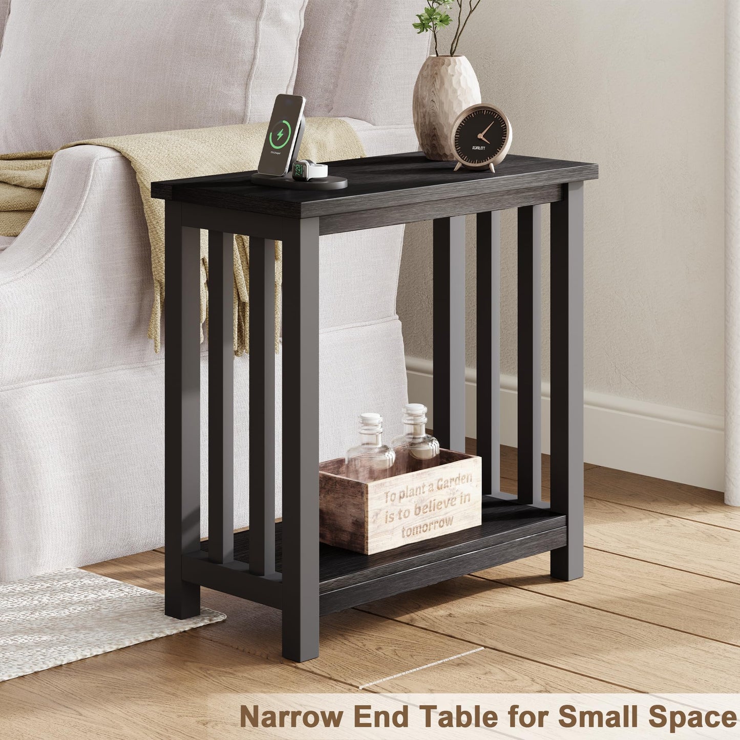 ChooChoo Black End Table for Small Spaces, Narrow Side Table, Night Stand with Storage Shelf for Living Room and Bedroom