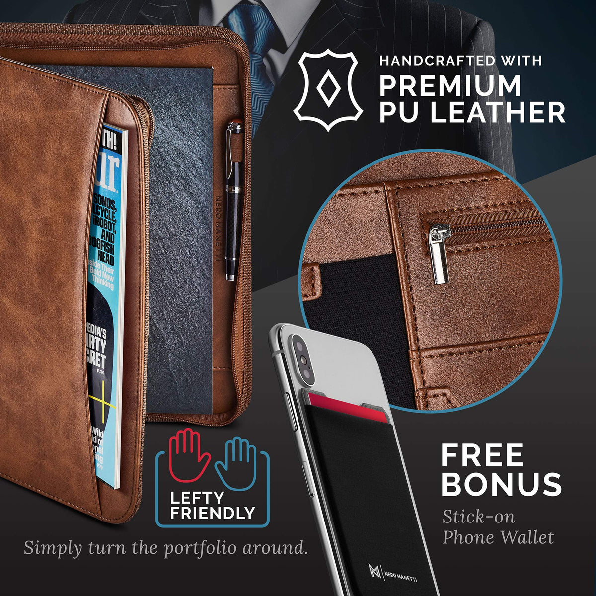 NERO MANETTI- Zippered Vegan Leather Padfolio/Portfolio Pad Holder-Business PU Leather Notepad Folder for Resumes, Interviews, iPad/Tablet, Phone, Legal Pad Notebook Executive Binder for Women, Men