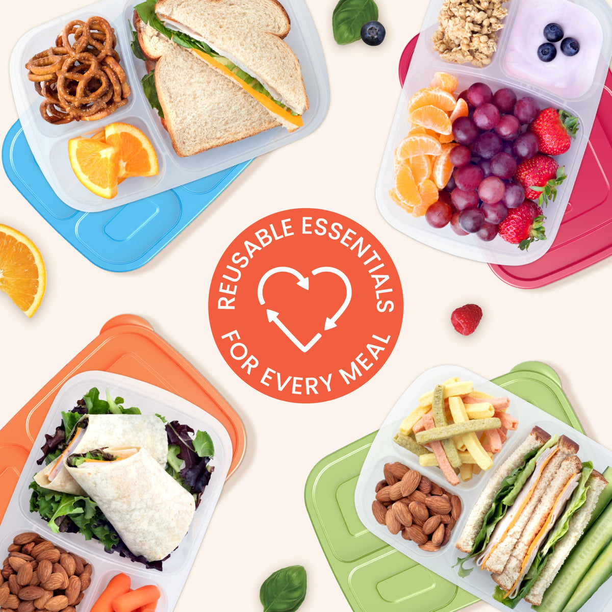 Bentgo Easyboxes - Original Stackable Lunch Boxes - Reusable 3-Compartment Food Containers for Kids and Adults - Bento Lunch Box for Meal Prep, School, & Work - BPA Free, Set of 4 (Classic)