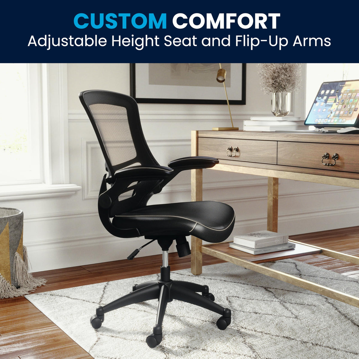 Flash Furniture Kelista Mid-Back Swivel Office Chair with Adjustable Seat Height, Ergonomic Mesh Desk Chair with LeatherSoft Seat, Black