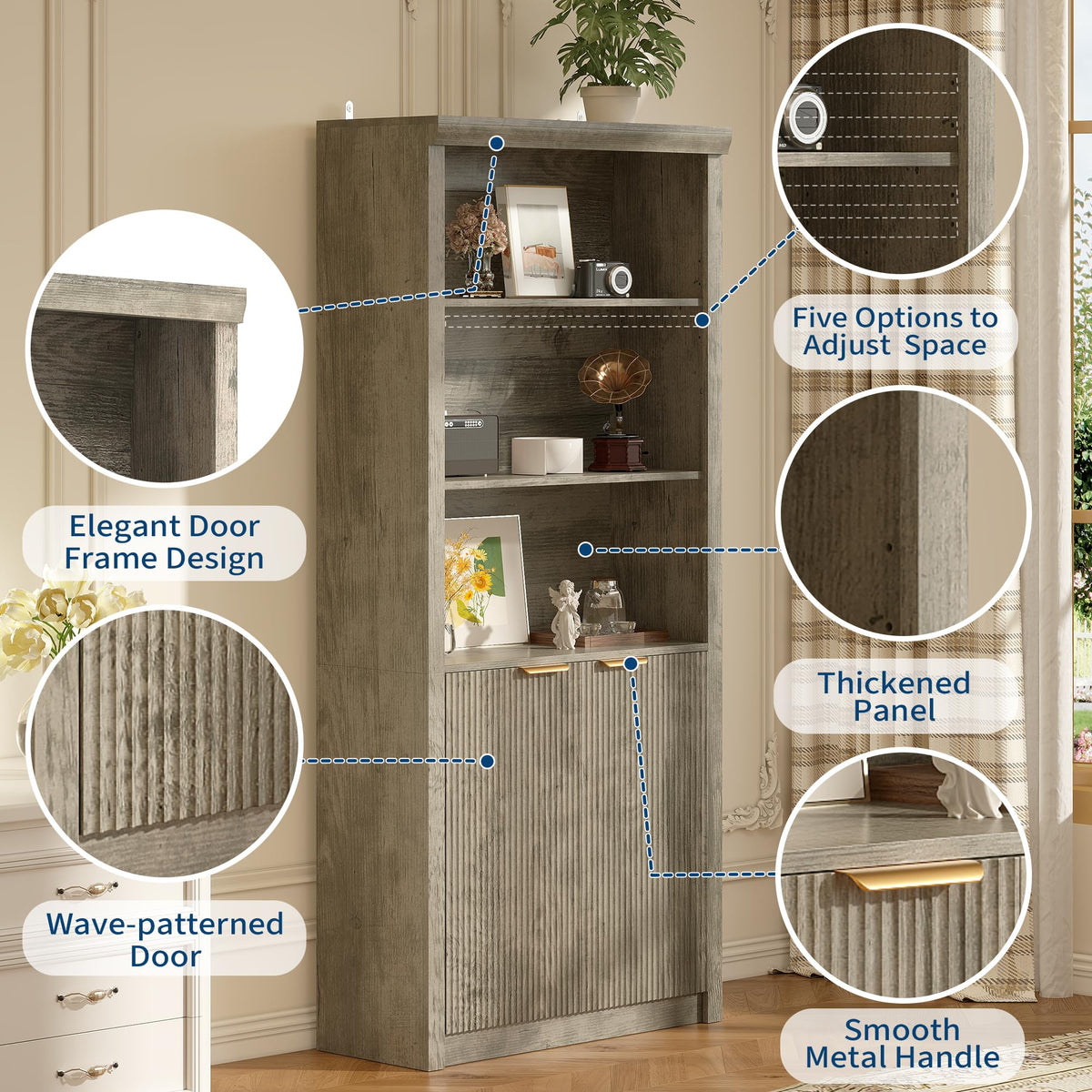 Modern Tall Book Shelf and Bookcase, 31.5"Wide Bookshelf with Doors, Farmhouse Book Case with Adjustable Top Shelf, Wood Storage Cabinet with 5 Tier Display Shelves for Home Office, Living Room,Grey